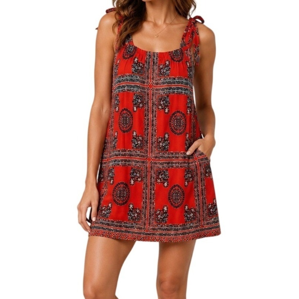Lulus Red Orange Paisley Halter Tie Shoulder Mini Shift Dress Women's XS